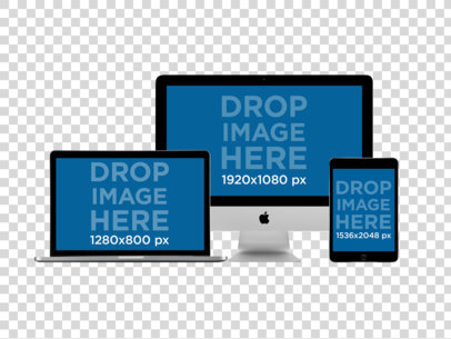 MacBook Pro + iMac with Black iPad Mini in Front View Mockup a11884