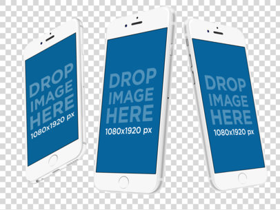 White iPhones Floating in Angled Position Over a PNG Background Mockup a12269